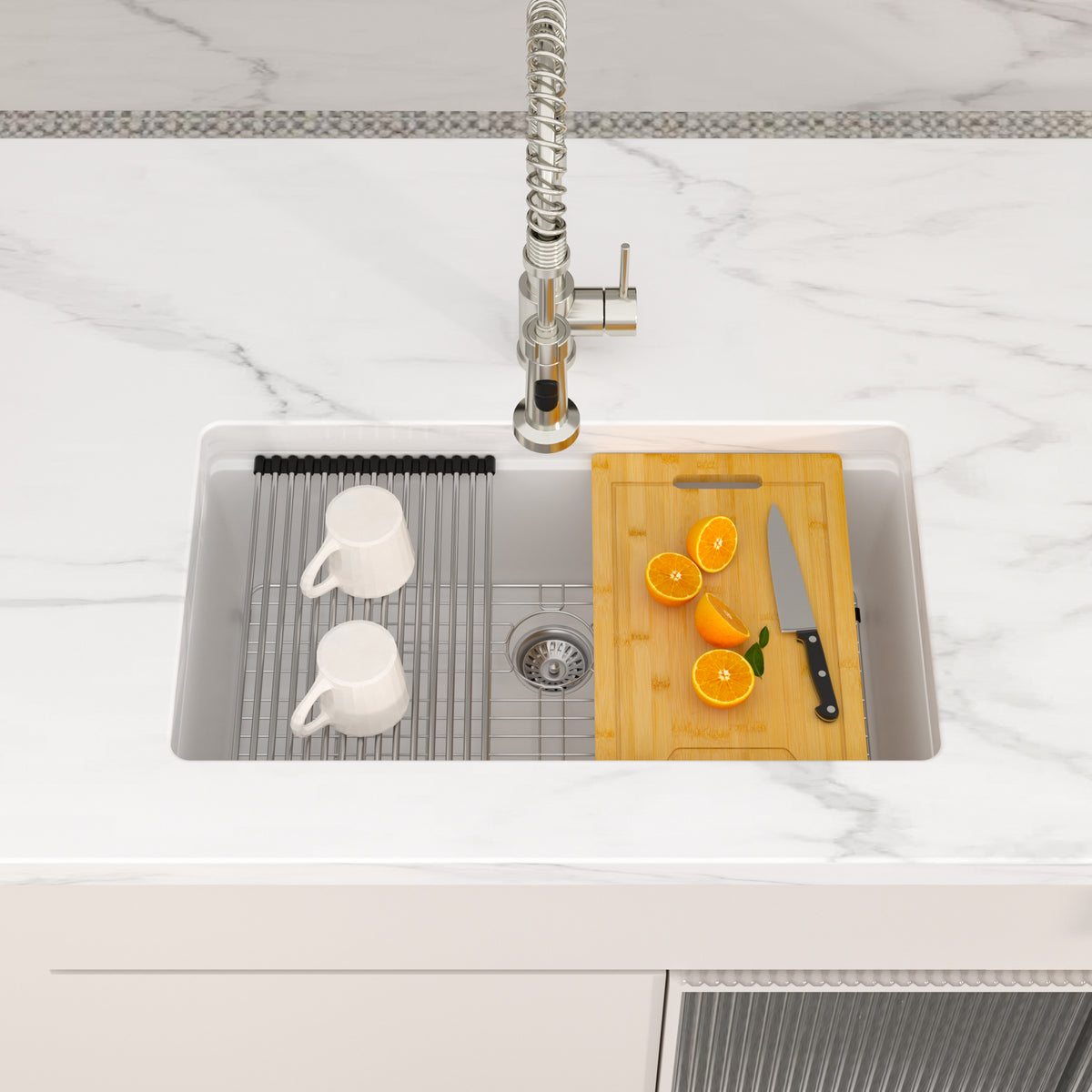 Logmey 32 Inch White Granite Composite Kitchen Sink Workstation