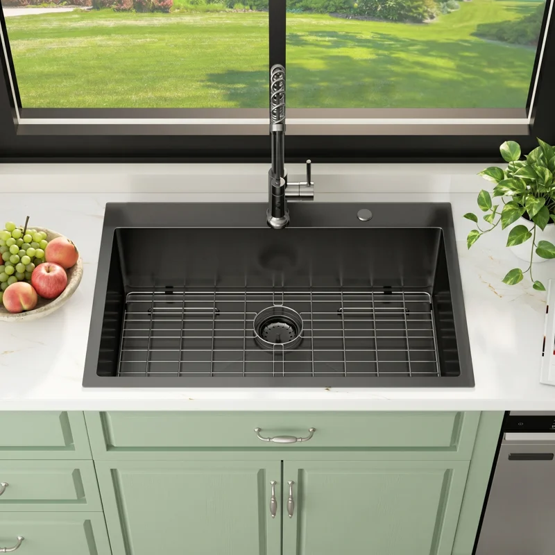 Logmey 30" x 22" Drop-in Kitchen Sink - Gunmetal Black Stainless Steel Single Bowl Topmount Sink