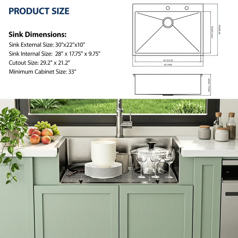Logmey 30" x 22" Drop-in Kitchen Sink - Gunmetal Black Stainless Steel Single Bowl Topmount Sink