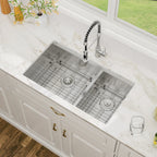 Logmey 33''x 19'' Undermount 16 Gauge Stainless Steel Workstation Double Bowl Kitchen Sink -50/50 Low-Divide