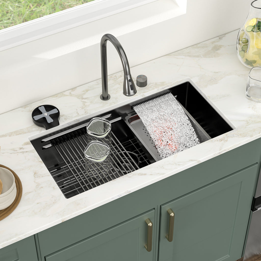 Logmey 33'' Double Step Waterfall Workstation Sink - Undermount Single Bowl with Faucet - Gunmetal Black  Stainless Steel