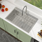 Logmey 33'' x 22'' Drop-In Workstation Kitchen Sink - 16 Gauge SUS304 Stainless Steel Single Bowl Topmount Basin with Accessories
