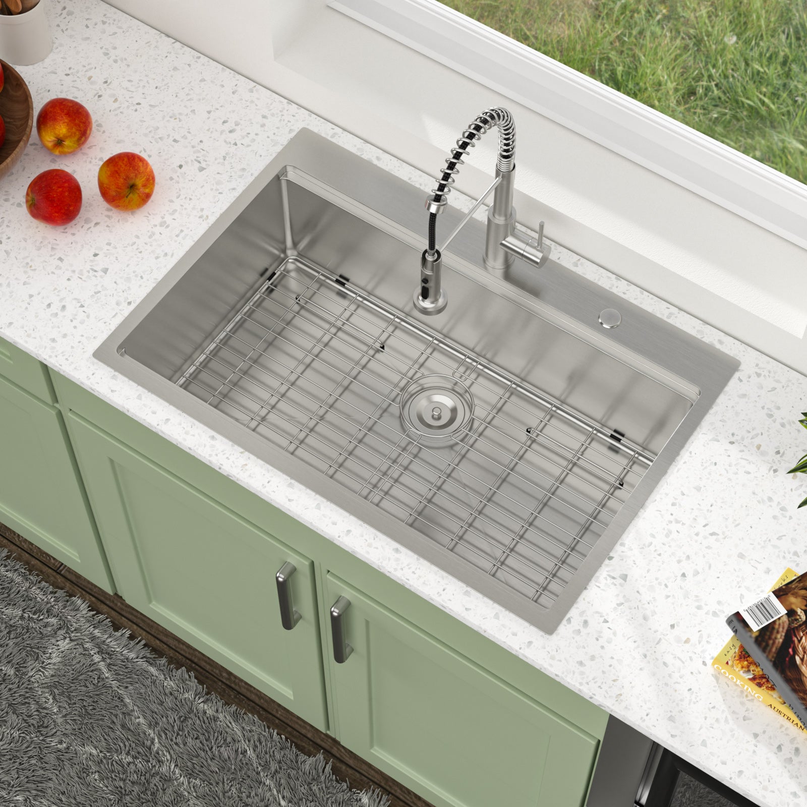 Logmey 33'' x 22'' Drop-In Workstation Kitchen Sink - 16 Gauge SUS304 Stainless Steel Single Bowl Topmount Basin with Accessories