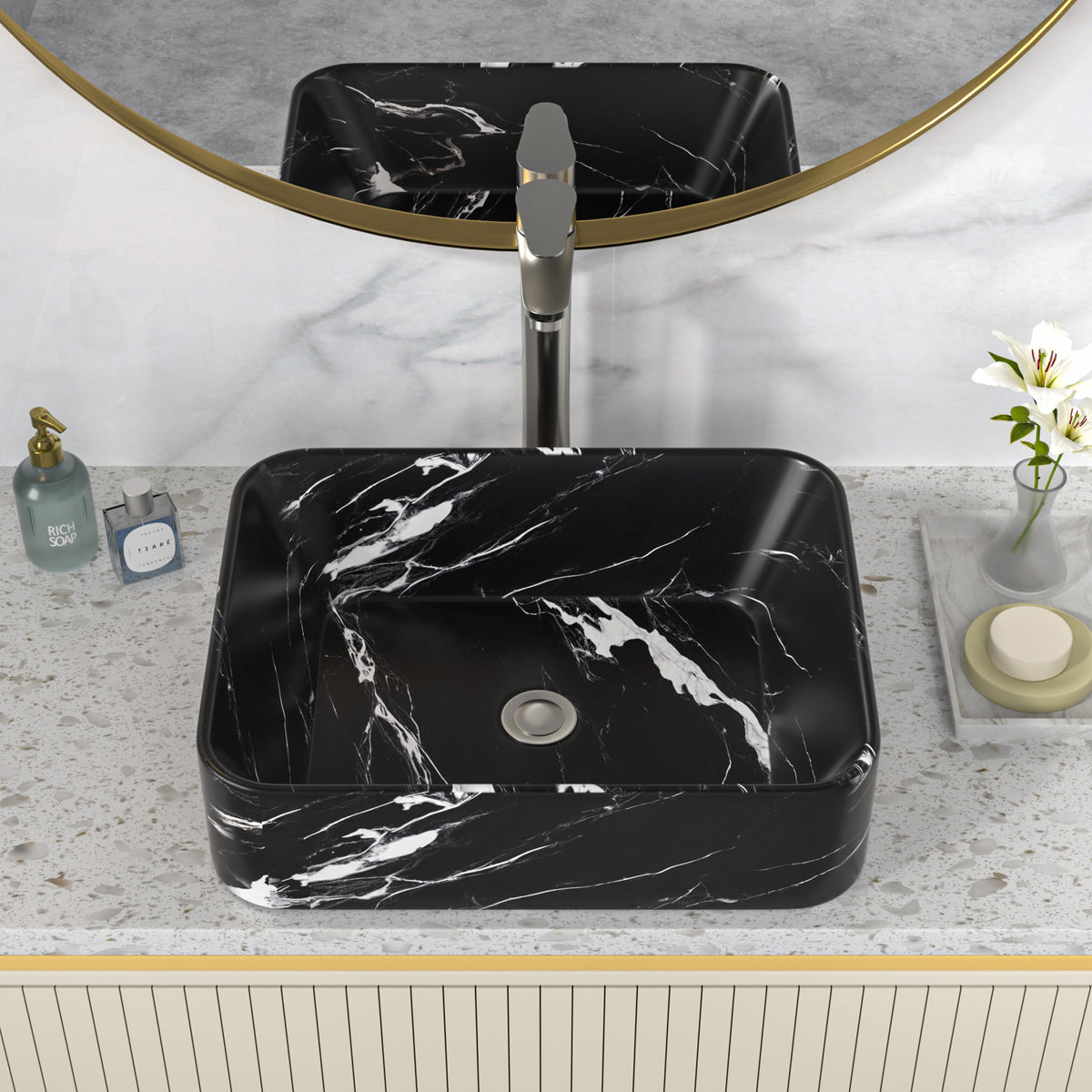 Logmey 19'' x 15'' Black Marble Rectangular Vessel Sink