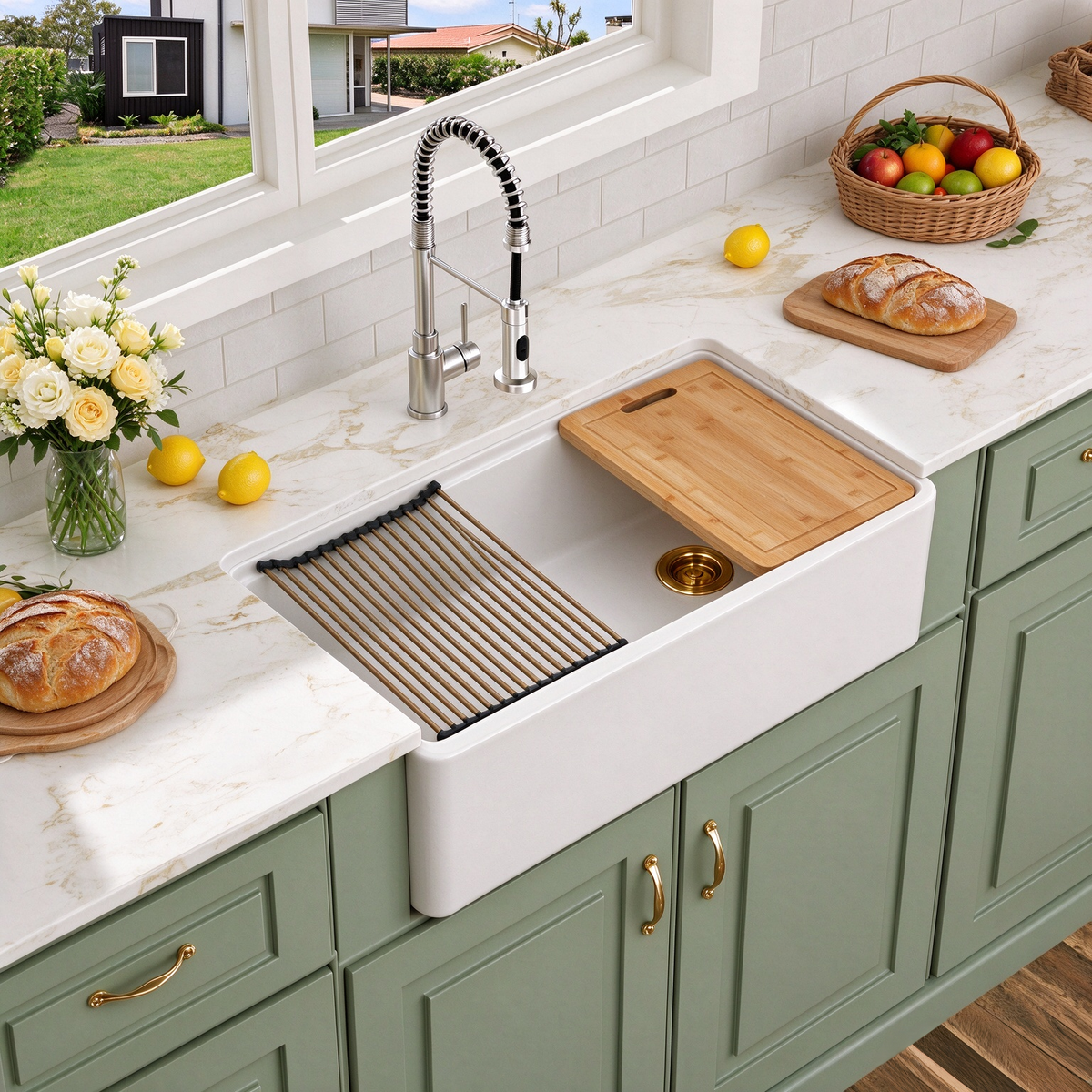 Logmey 33'' x 21''White Quartz Composite Farmhouse Workstation Kitchen Sink