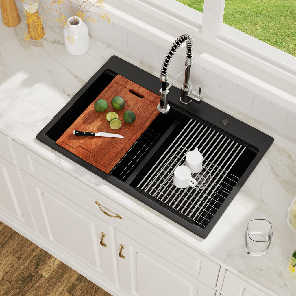 Logmey 33x19 Seamless Black Quartz Culinary Workstation Kitchen Sink Combo