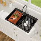 Logmey 33x19 Seamless Black Quartz Culinary Workstation Kitchen Sink Combo