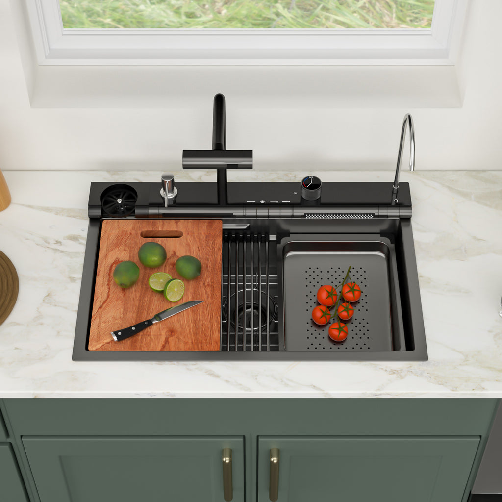 Logmey 30 Inch Drop In Smart Waterfall Kitchen Sink with Digital Temperature Display Brushed Black Topmount Workstation Sink with Flying Rain Faucet