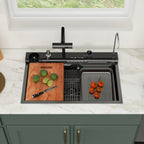 Logmey 30 Inch Drop In Smart Waterfall Kitchen Sink with Digital Temperature Display Brushed Black Topmount Workstation Sink with Flying Rain Faucet