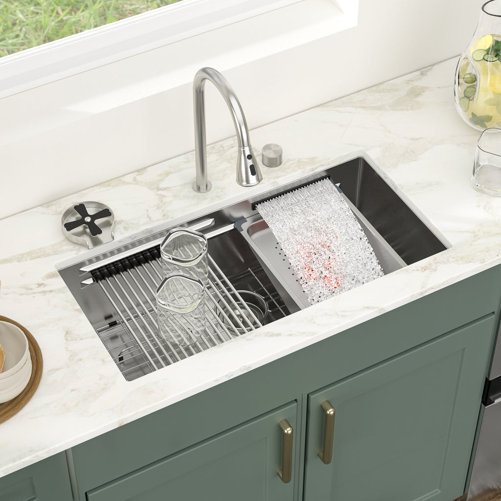 Logmey 33'' Waterfall Kitchen Sink - Undermount Single Bowl with Pull-out Faucet & Control Knob - Silver Stainless Steel