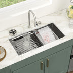 Logmey 33'' Waterfall Kitchen Sink - Undermount Single Bowl with Pull-out Faucet & Control Knob - Silver Stainless Steel