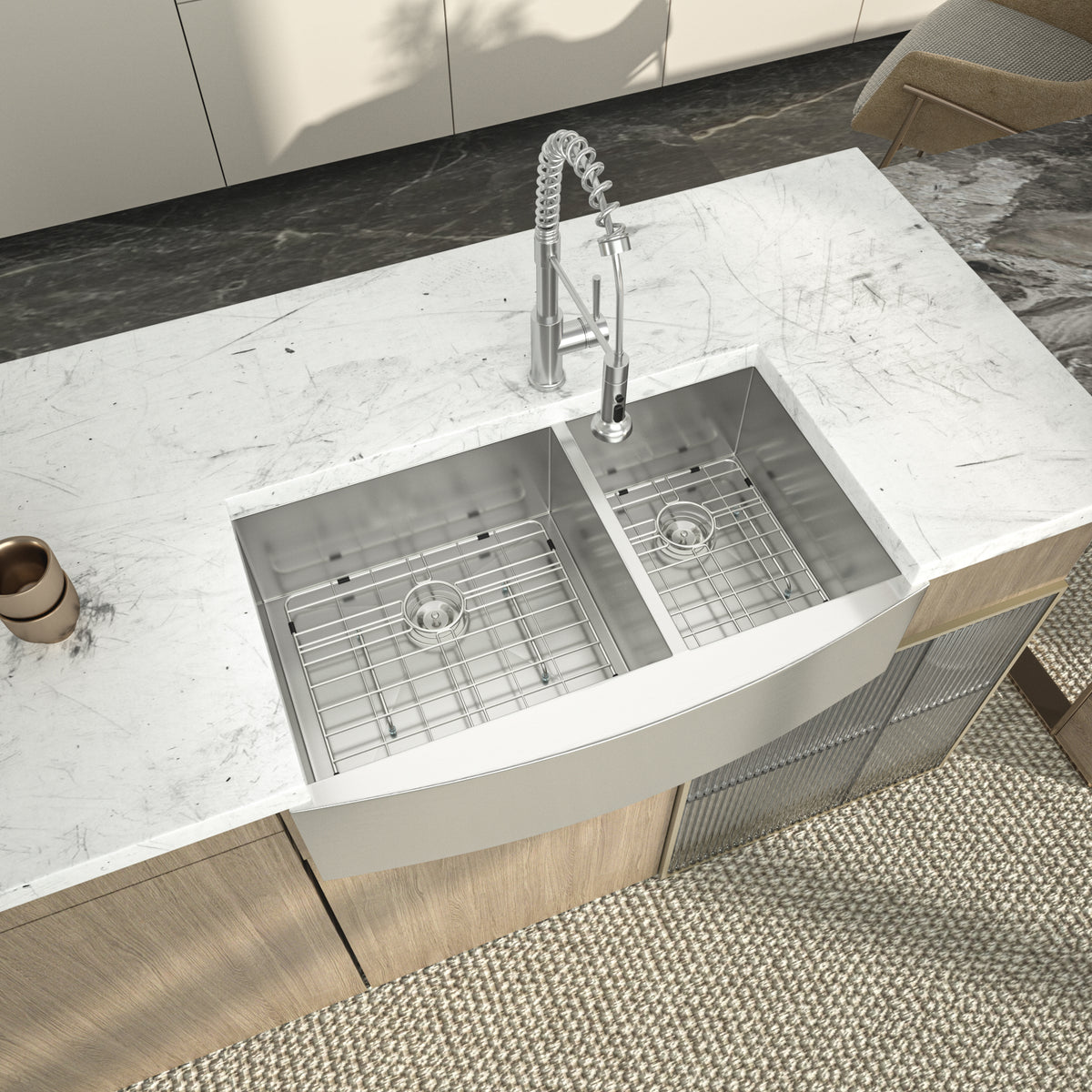 Logmey 36''x 20'' Apron Front Farmhouse Double Bowl Kitchen Sink