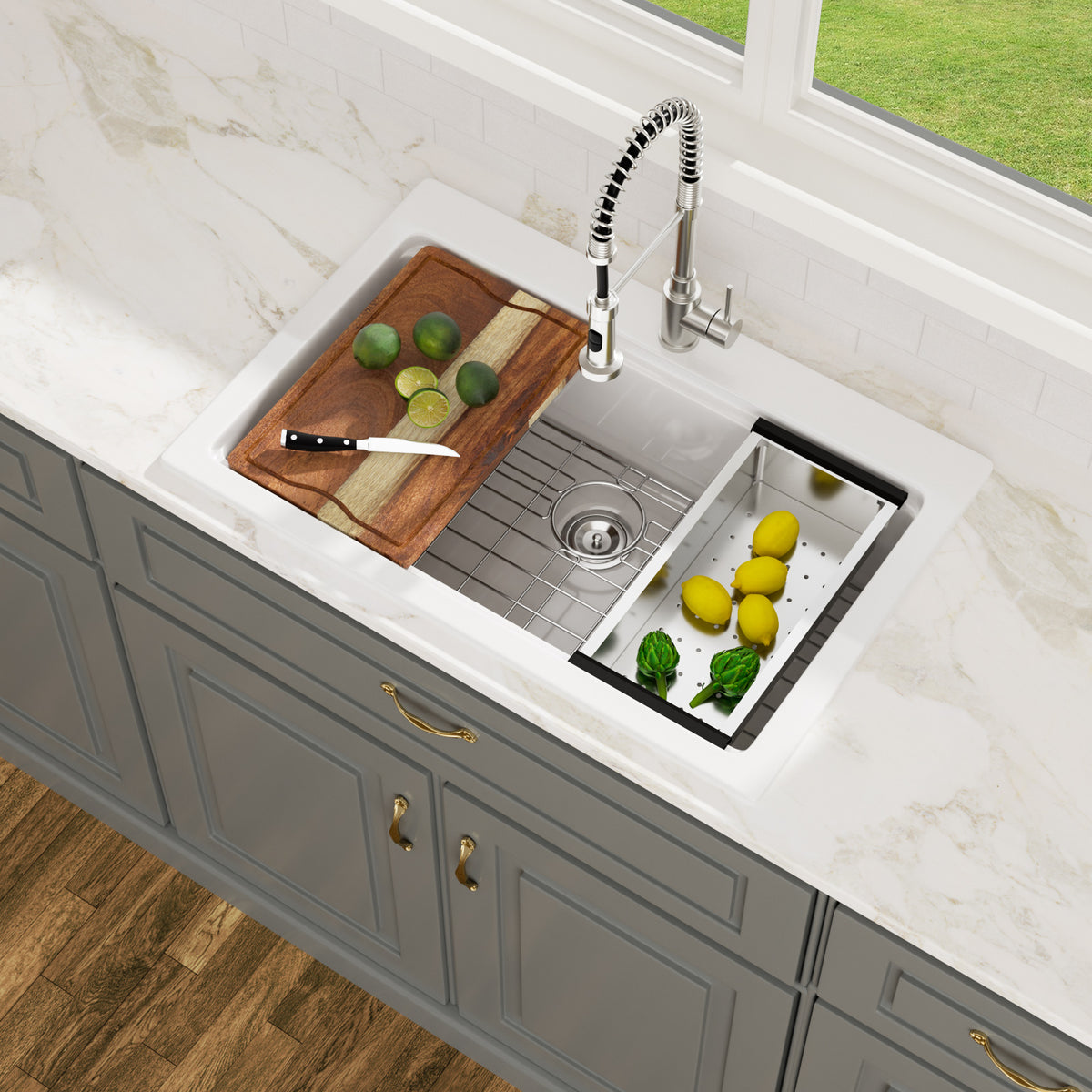 Logmey 33x22 Heavy Duty Glossy White Ceramic Drop-In Culinary Workstation Sink Combo