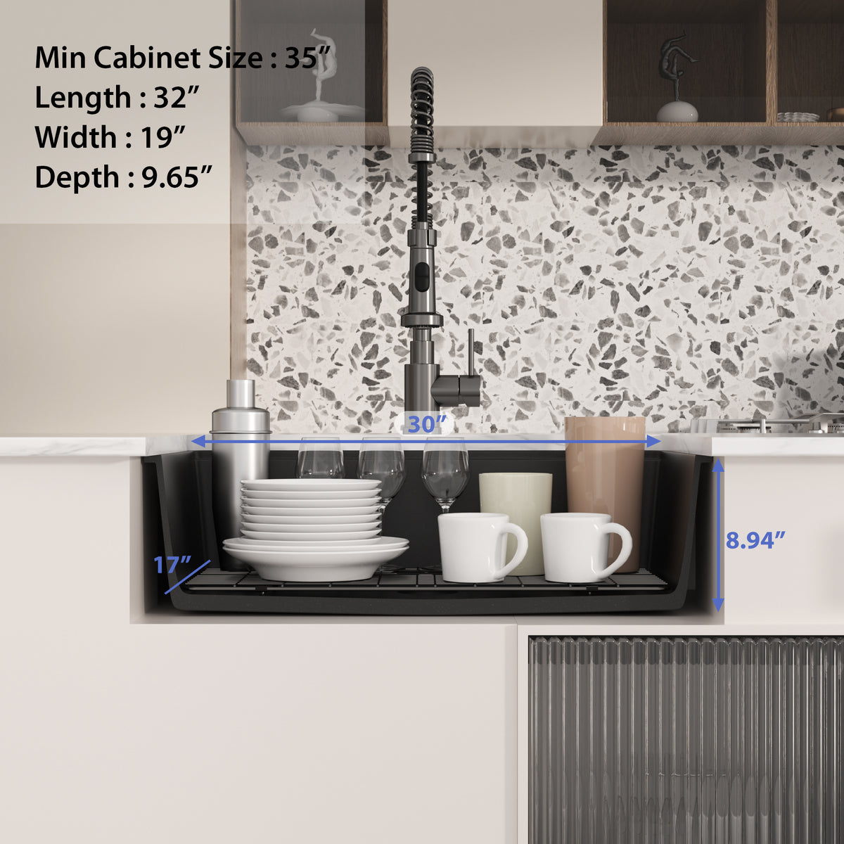 Logmey 32 Inch Black Quartz Composite Kitchen Sink, Undermount Single Bowl Workstation Sink with Drying Rack & Bamboo Cutting Board