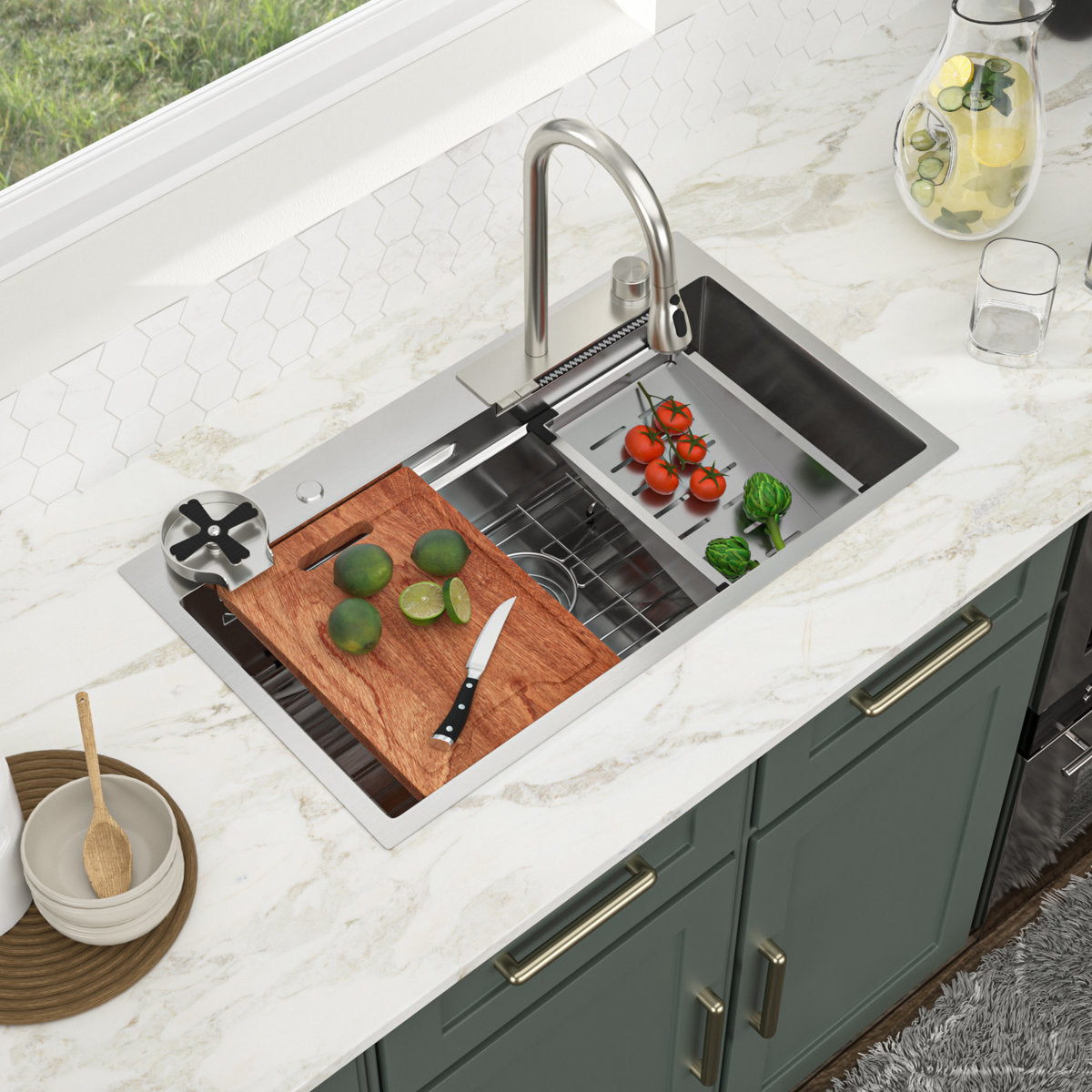33'' L x 19'' W Drop In 16 Gauge Handmade Stainless Steel Topmountmount Kitchen Sink Stainless Steel Workstation Sink with Flying Rain Faucet