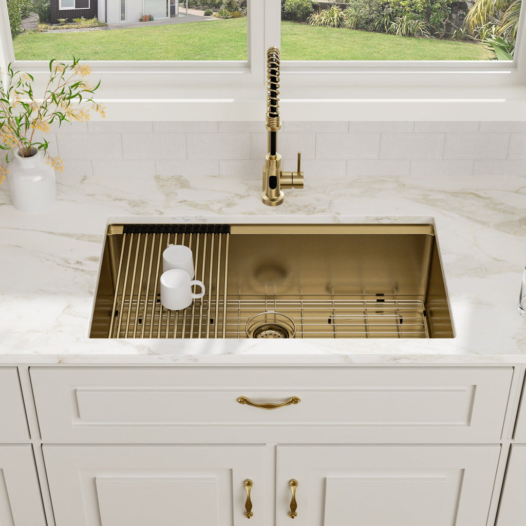 33'' x 19'' Workstation 16 Gauge Stainless Steel Single Bowl Undermount Large Gold Kitchen Sink with Colander, Cutting Board and Dish-Drying Rack