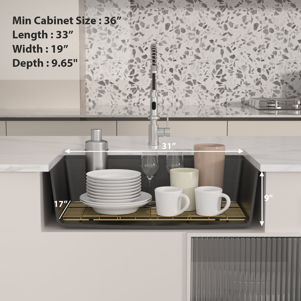 Logmey 33 Inch Black Granite Composite Kitchen Sink Workstation with Brushed Gold Accessories