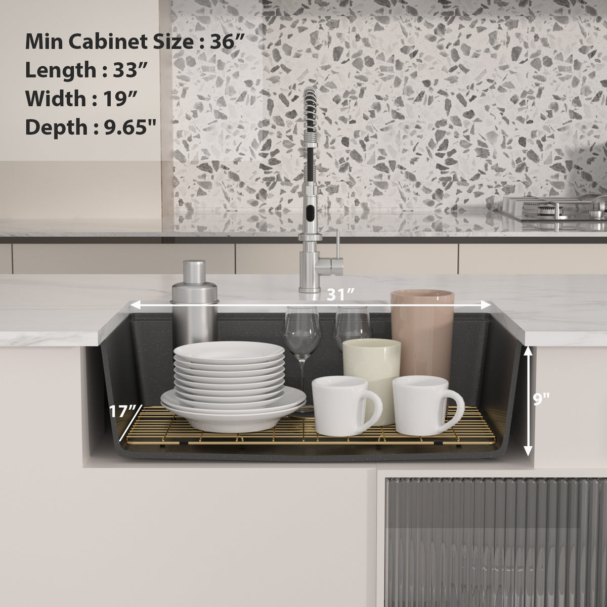 Logmey 33 Inch Black Granite Composite Kitchen Sink Workstation with Brushed Gold Accessories