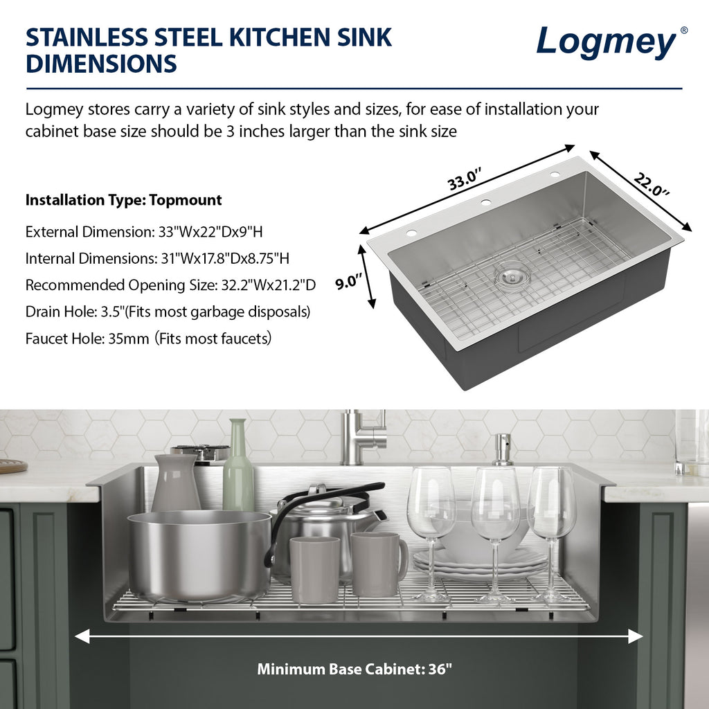 Logmey 33 Inch Topmount Kitchen Sink with Pull-Down Sprayer Faucet & Glass Rinser