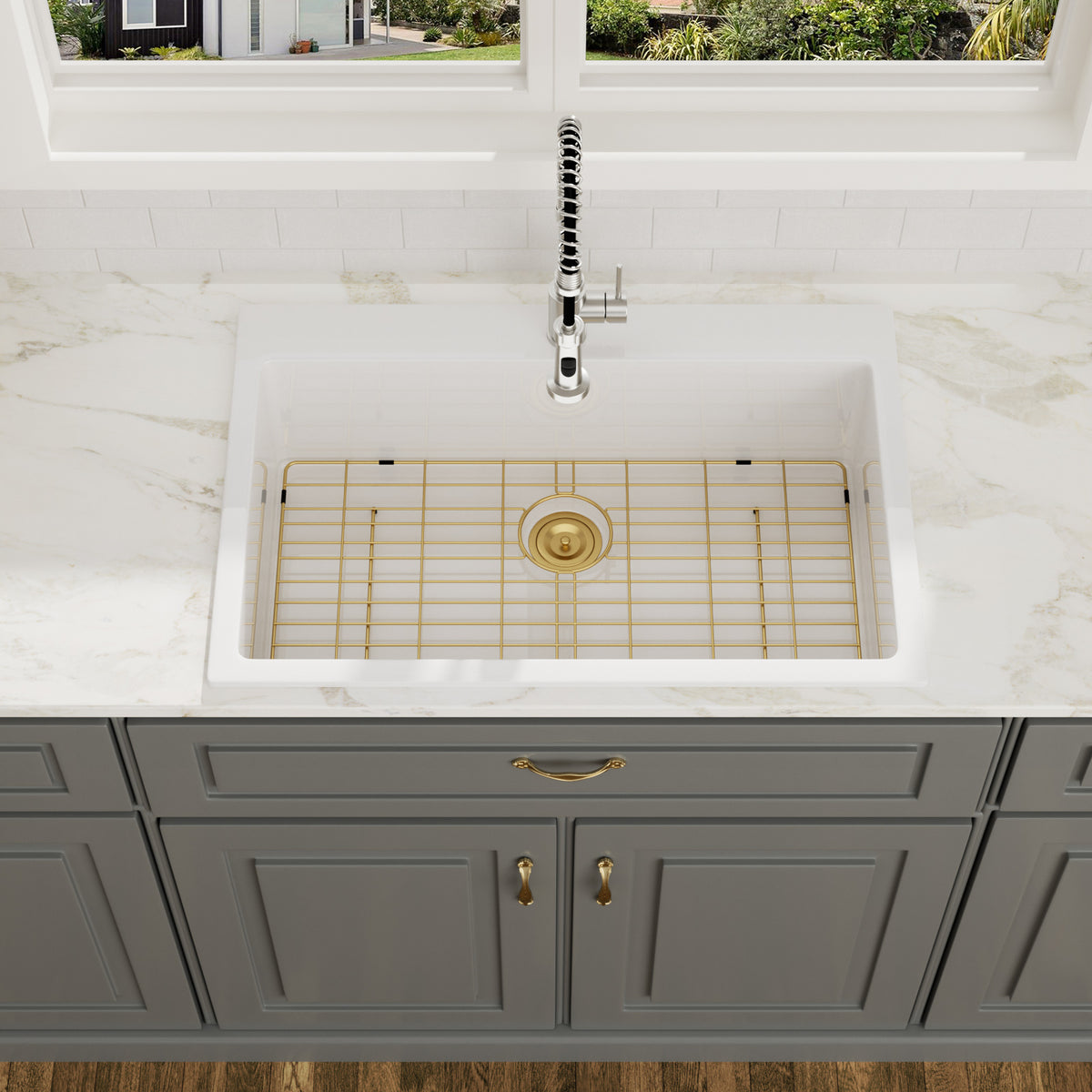 Logmey 31 Inch White Fireclay Drop-In Kitchen Sink