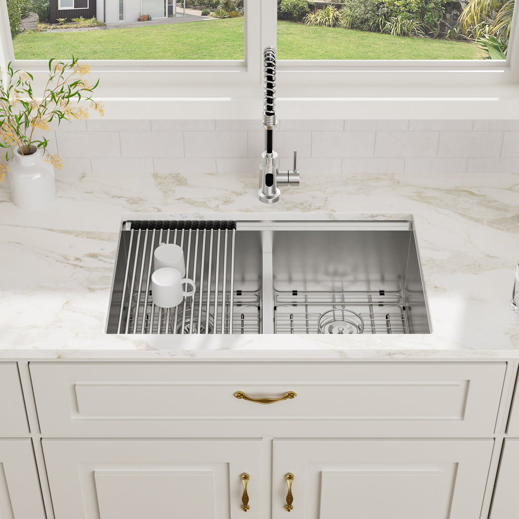 Logmey 30 Inch Low-Divide Workstation Undermount Kitchen Sink 50/50 Double Sink
