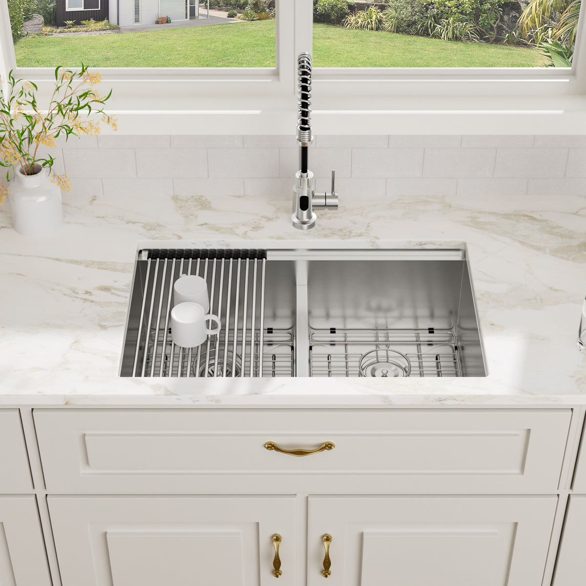 Logmey 30 Inch Low-Divide Workstation Undermount Kitchen Sink 50/50 Double Sink