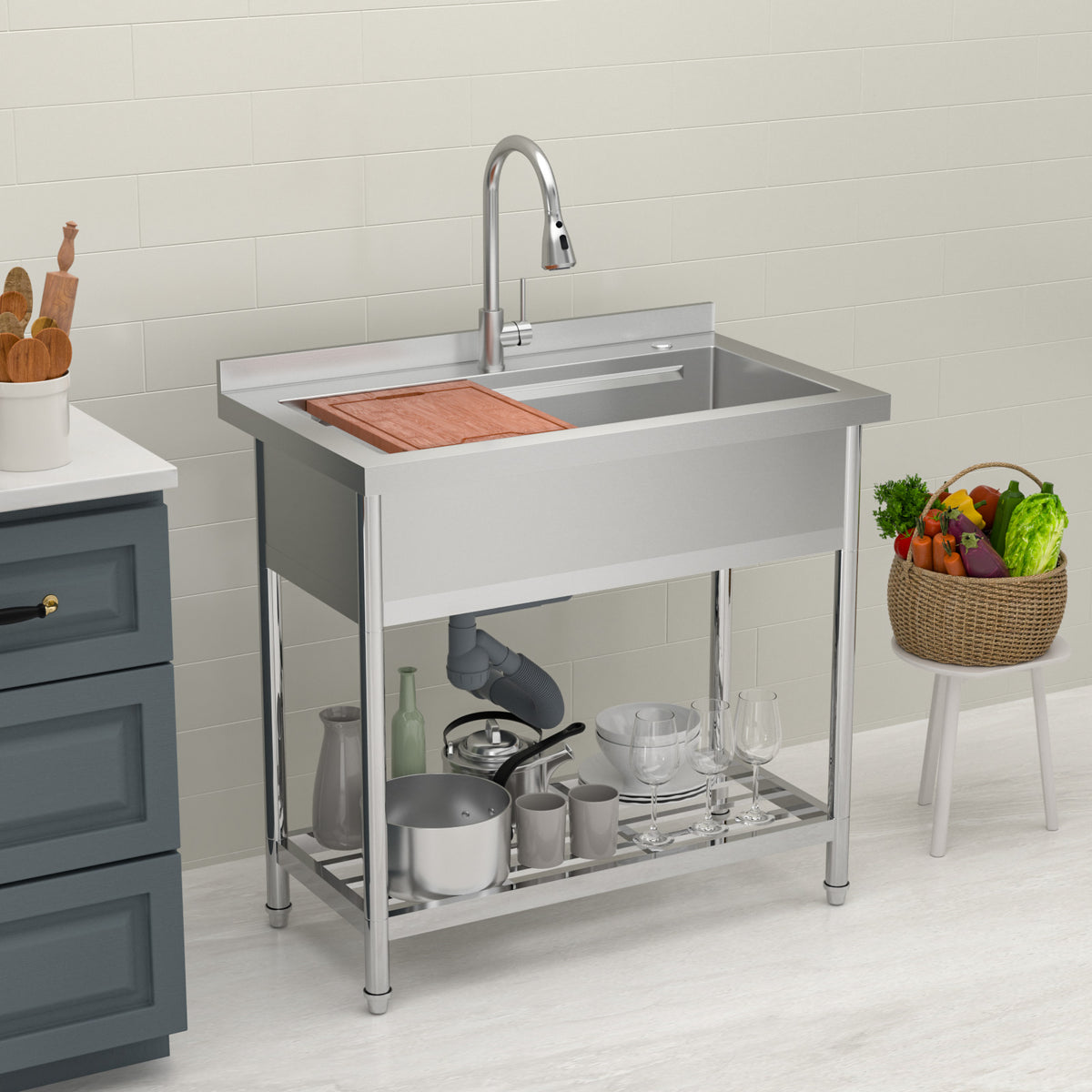 Logmey 36'' x 21'' Freestanding Stainless Steel Single Bowl Utility Sink