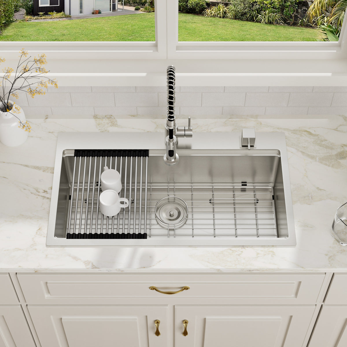 Logmey 33'' Workstation Kitchen Sink - Drop-In Single Bowl - Silver Stainless Steel