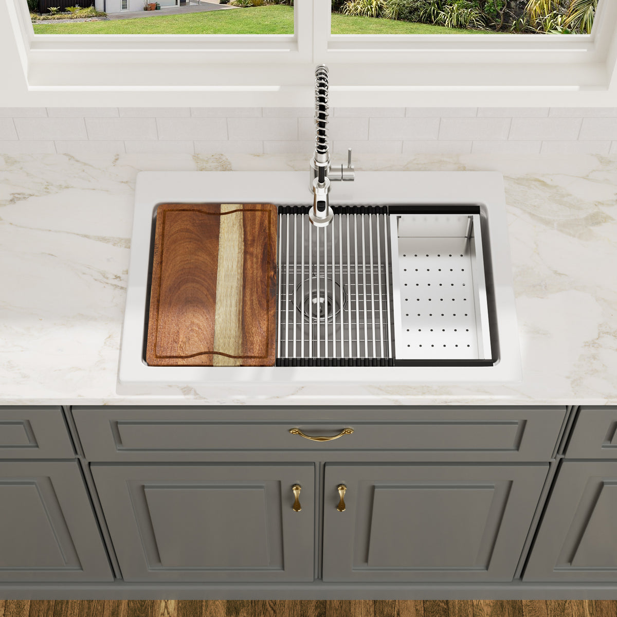 Logmey 33x22 Heavy Duty Glossy White Ceramic Drop-In Culinary Workstation Sink Combo