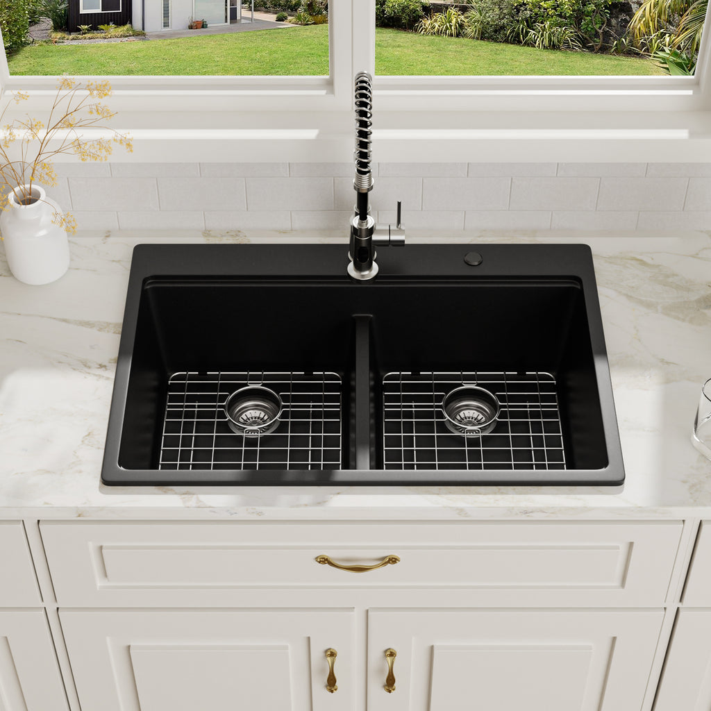 Logmey 33x19 Seamless Black Quartz Culinary Workstation Kitchen Sink Combo