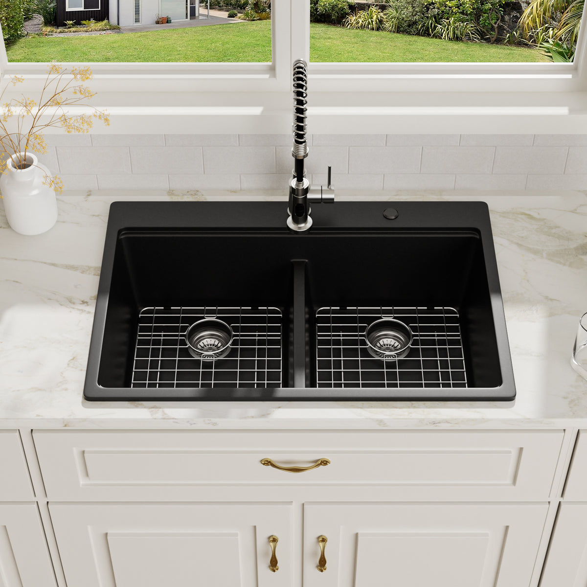 Logmey 33x19 Seamless Black Quartz Culinary Workstation Kitchen Sink Combo