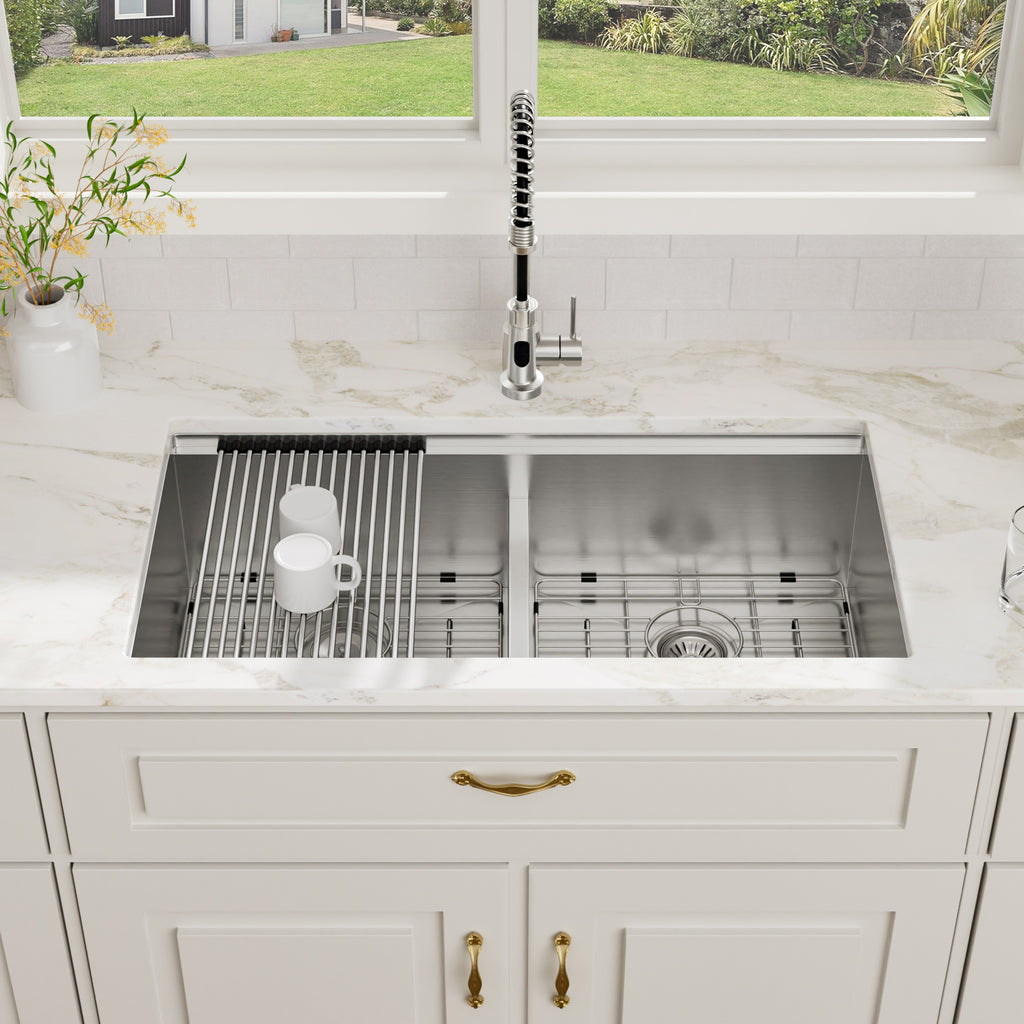 36'' x 19'' 16 Gauge Workstation Undermount 50/50 Double Bowl Low Divide Stainless Steel Kitchen Sink with with Colander, Cutting Board, Strainer and Dish-Drying Rack