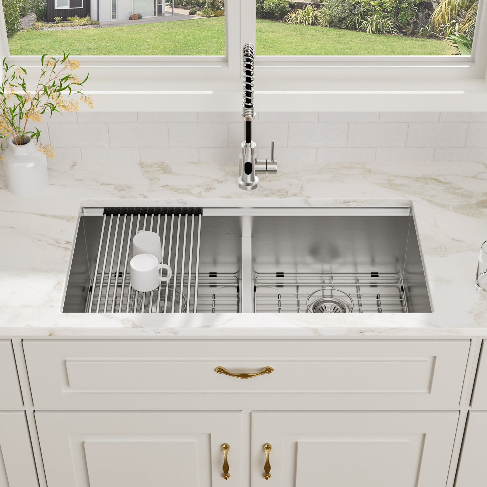 36'' x 19'' 16 Gauge Workstation Undermount 50/50 Double Bowl Low Divide Stainless Steel Kitchen Sink with with Colander, Cutting Board, Strainer and Dish-Drying Rack