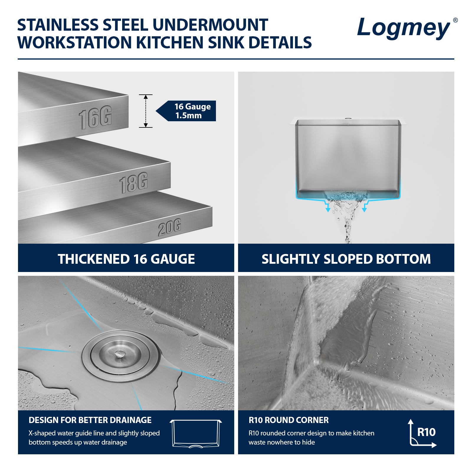 Logmey 15" Outdoor Undermount Workstation Sink with Faucet Set for Backyard, Bar & RVorkstation Bar Sink - Drop-In Single Bowl with Pull-out Faucet - Silver Stainless Steel