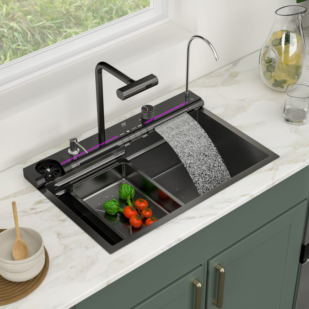 Logmey 30 Inch Drop In Smart Waterfall Kitchen Sink with Digital Temperature Display Brushed Black Topmount Workstation Sink with Flying Rain Faucet