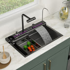 Logmey 30 Inch Drop In Smart Waterfall Kitchen Sink with Digital Temperature Display Brushed Black Topmount Workstation Sink with Flying Rain Faucet