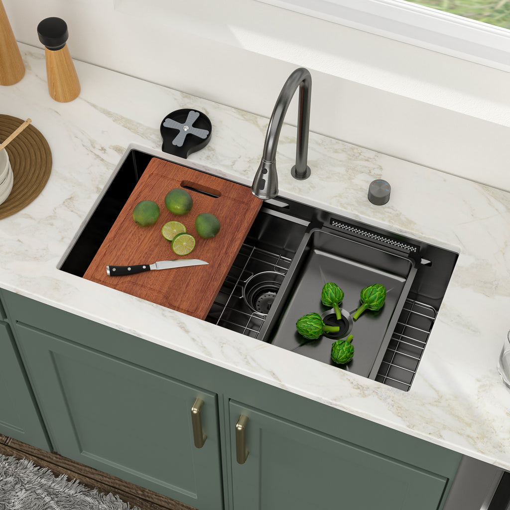 Logmey 33'' Double Step Waterfall Workstation Sink - Undermount Single Bowl with Faucet - Gunmetal Black  Stainless Steel