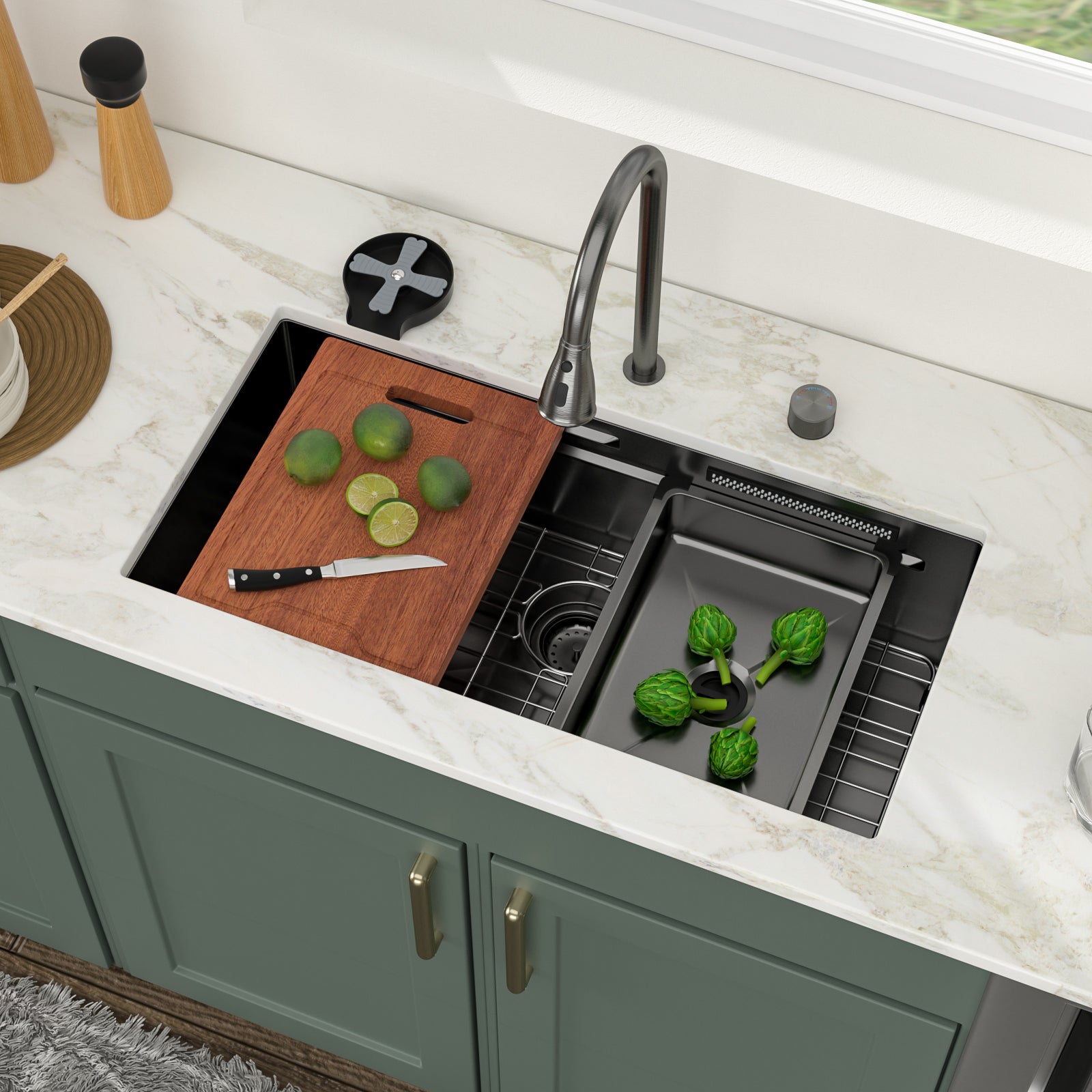Logmey 33'' Double Step Waterfall Workstation Sink - Undermount Single Bowl with Faucet - Gunmetal Black  Stainless Steel