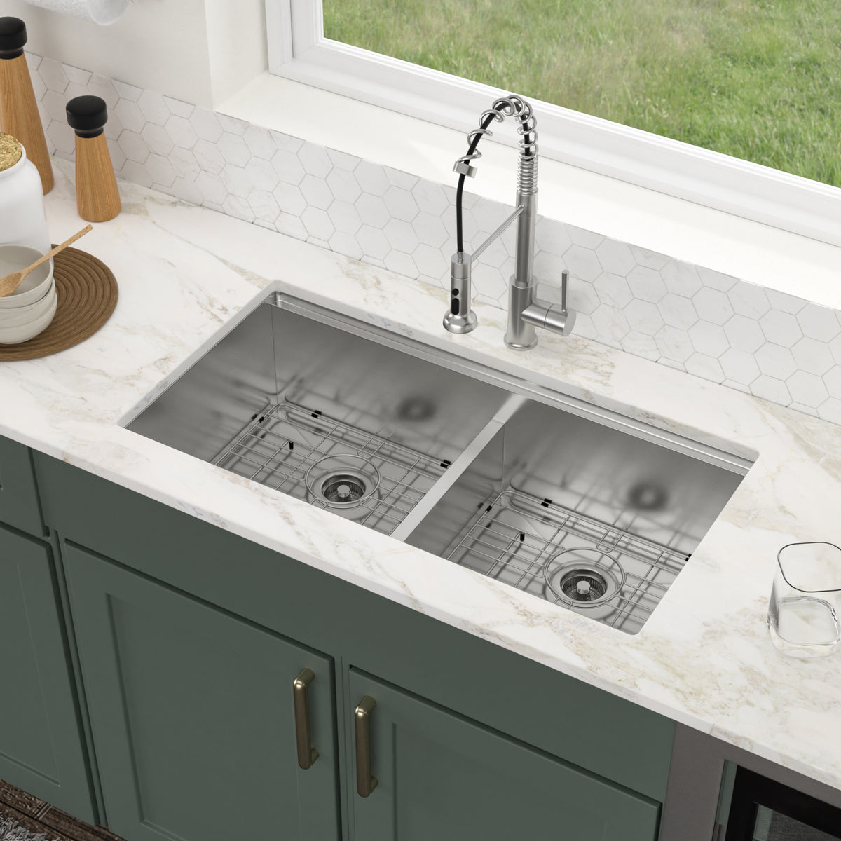 Logmey 36'' x 19'' Undermount 50/50 Double Bowl Workstation Kitchen Sink - 16 Gauge Stainless Steel 10'' Deep Low-Divide Basin with Pop-Up Drains