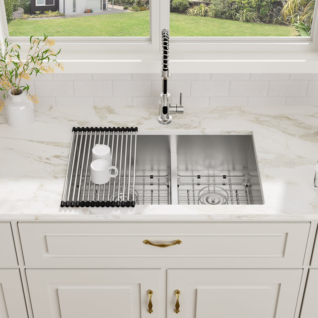 Logmey 30x19 Seamless Undermount 60/40 Double Bowl Kitchen Sink Combo