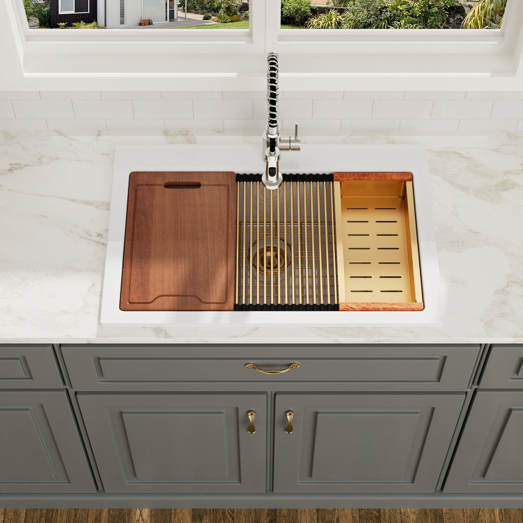 Logmey 33x22 Heavy Duty Glossy White Ceramic Drop-In Culinary Workstation Kitchen Sink Combo