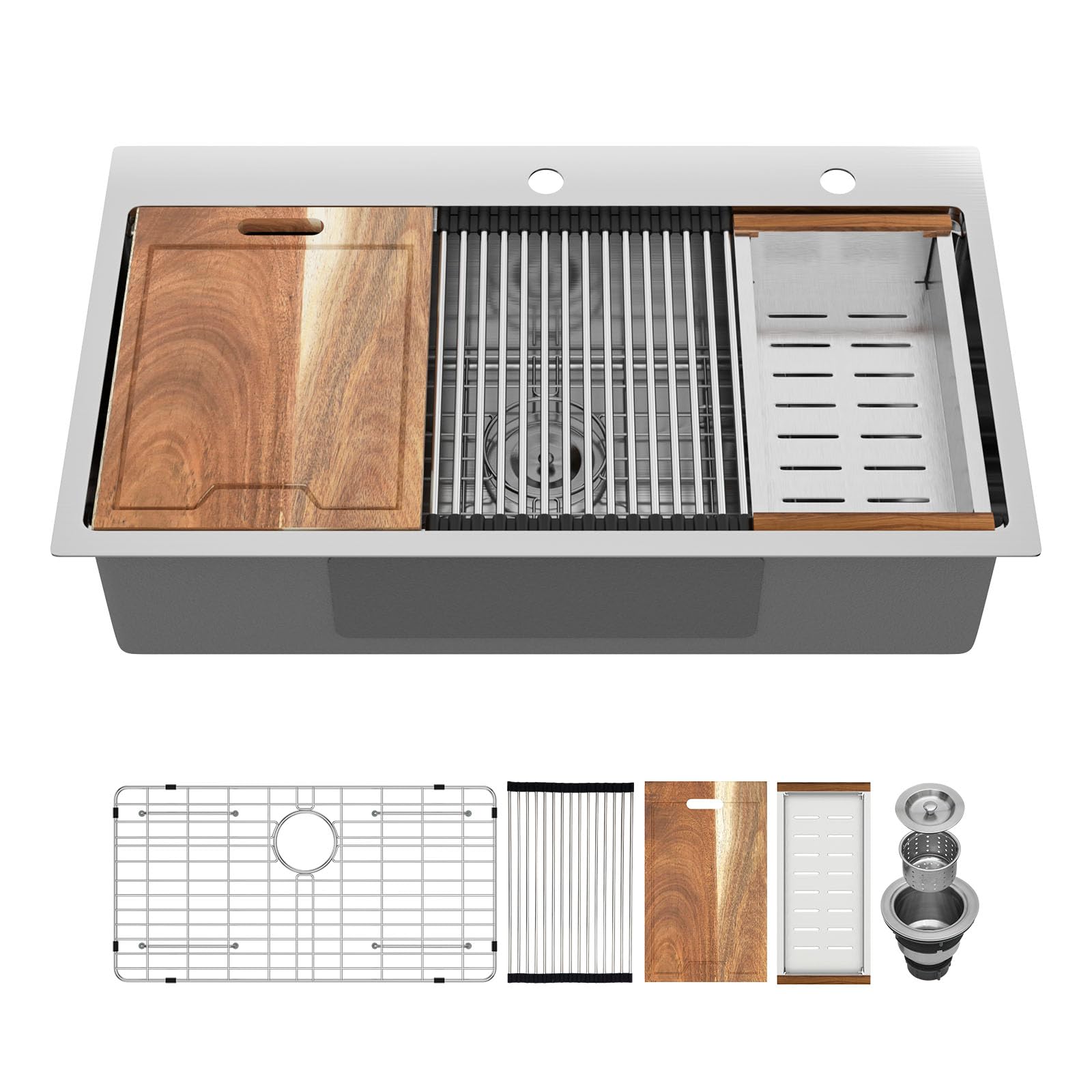 Logmey 33'' x 19'' Drop-In Workstation Kitchen Sink - 16 Gauge SUS304 Stainless Steel Single Bowl