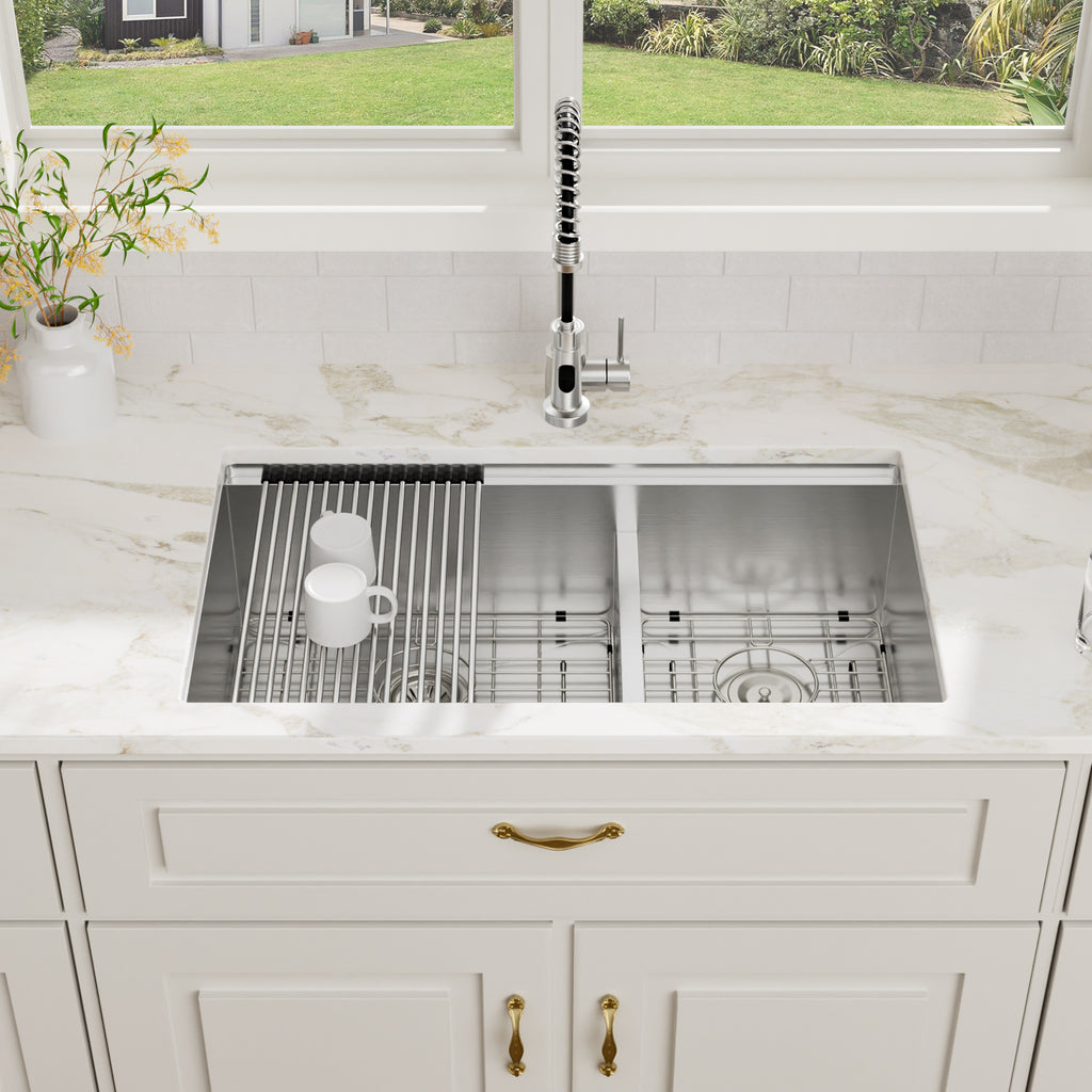 Logmey 33''x 19'' Undermount 16 Gauge Stainless Steel Workstation Double Bowl Kitchen Sink -50/50 Low-Divide