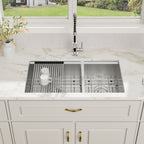 Logmey 33''x 19'' Undermount 16 Gauge Stainless Steel Workstation Double Bowl Kitchen Sink -50/50 Low-Divide