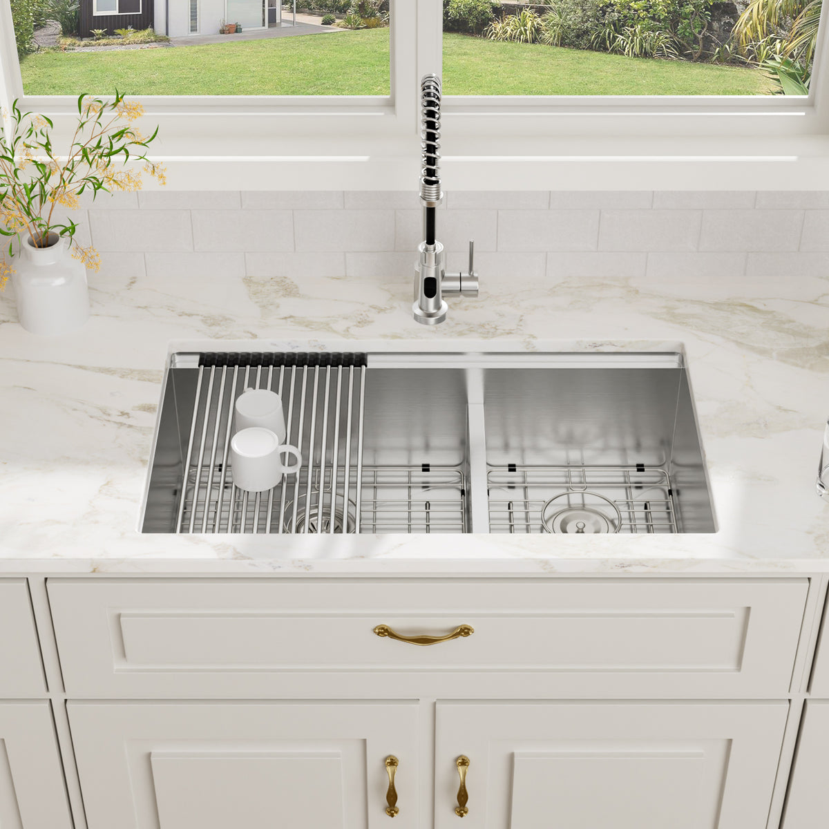 Logmey 33''x 19'' Undermount 16 Gauge Stainless Steel Workstation Double Bowl Kitchen Sink -50/50 Low-Divide