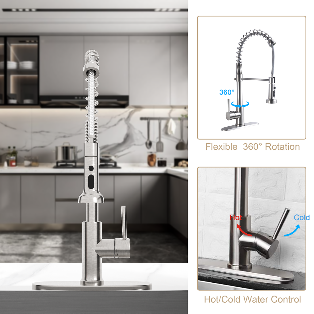 Logmey Pull-Down Kitchen Faucet - Single Handle - Brushed Nickel Metal