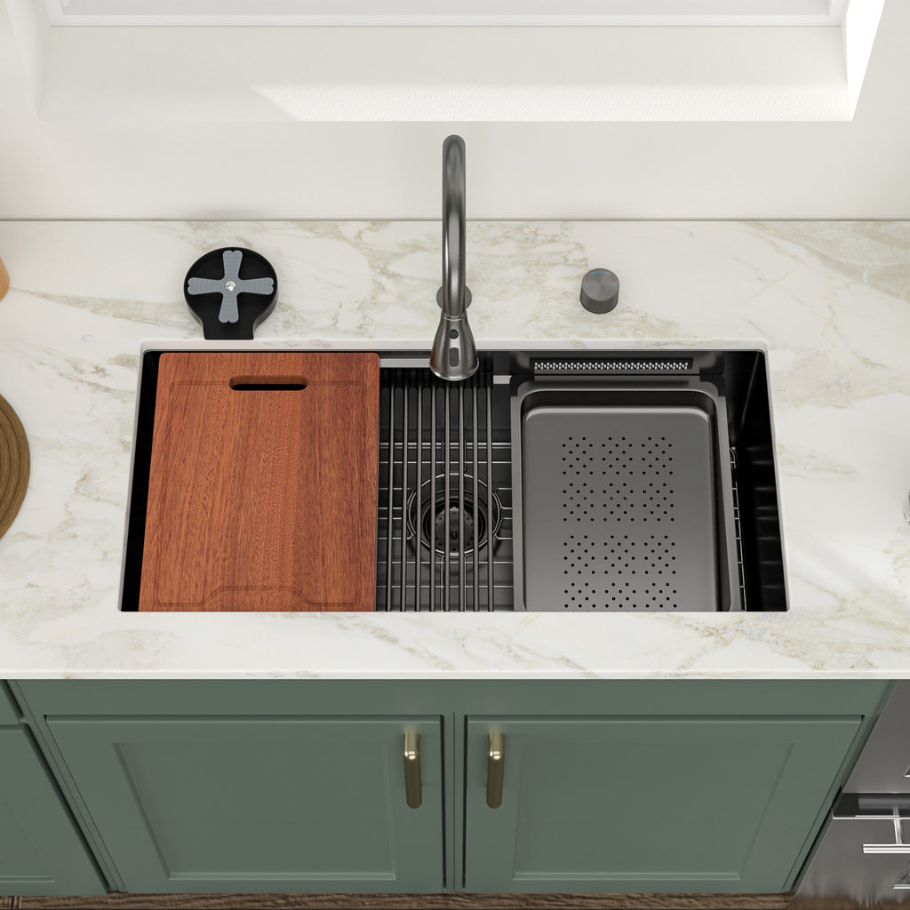 Logmey 33'' Double Step Waterfall Workstation Sink - Undermount Single Bowl with Faucet - Gunmetal Black  Stainless Steel