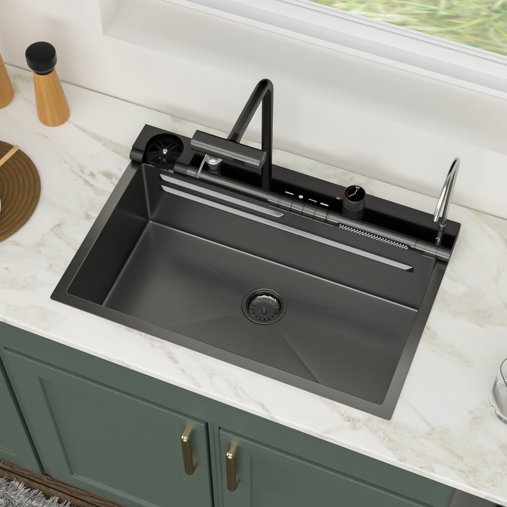 Logmey 30 Inch Drop In Smart Waterfall Kitchen Sink with Digital Temperature Display Brushed Black Topmount Workstation Sink with Flying Rain Faucet