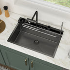 Logmey 30 Inch Drop In Smart Waterfall Kitchen Sink with Digital Temperature Display Brushed Black Topmount Workstation Sink with Flying Rain Faucet