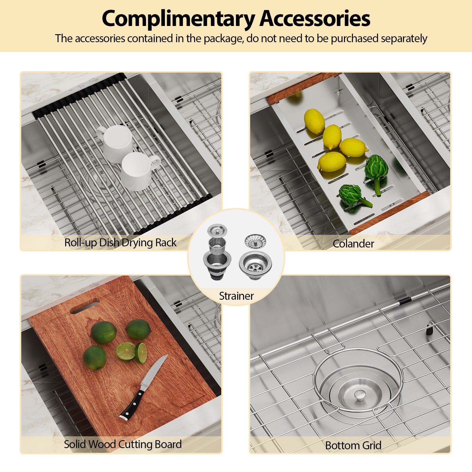 36'' x 19'' 16 Gauge Workstation Undermount 50/50 Double Bowl Low Divide Stainless Steel Kitchen Sink with with Colander, Cutting Board, Strainer and Dish-Drying Rack